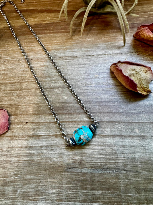 16 inch long necklace with saucer Sterling Silver Pearls and turquoise Variscite -DS