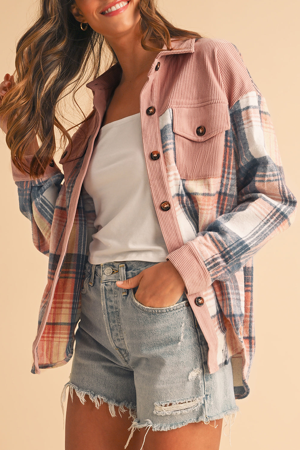Cinnamon Plaid Corduroy Patchwork Pocket Loose Shacket -DS