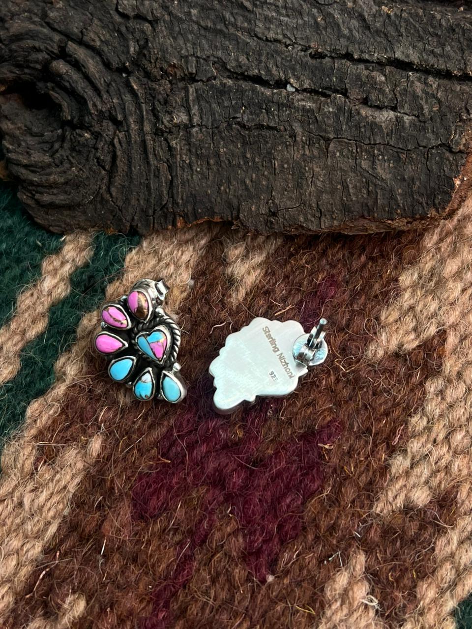"Heart Collection" Handmade Sterling Silver Cotton Candy Post Studs Earrings "Signed Nizhoni"-DS