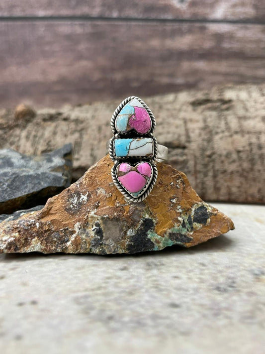 "Heart Collection" Handmade Sterling Silver Cotton Candy Adjustable Ring "Signed Nizhoni" -DS