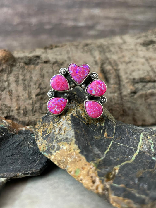 "Heart Collection" Handmade Sterling Silver Hot Pink Adjustable Ring "Signed Nizhoni" -DS
