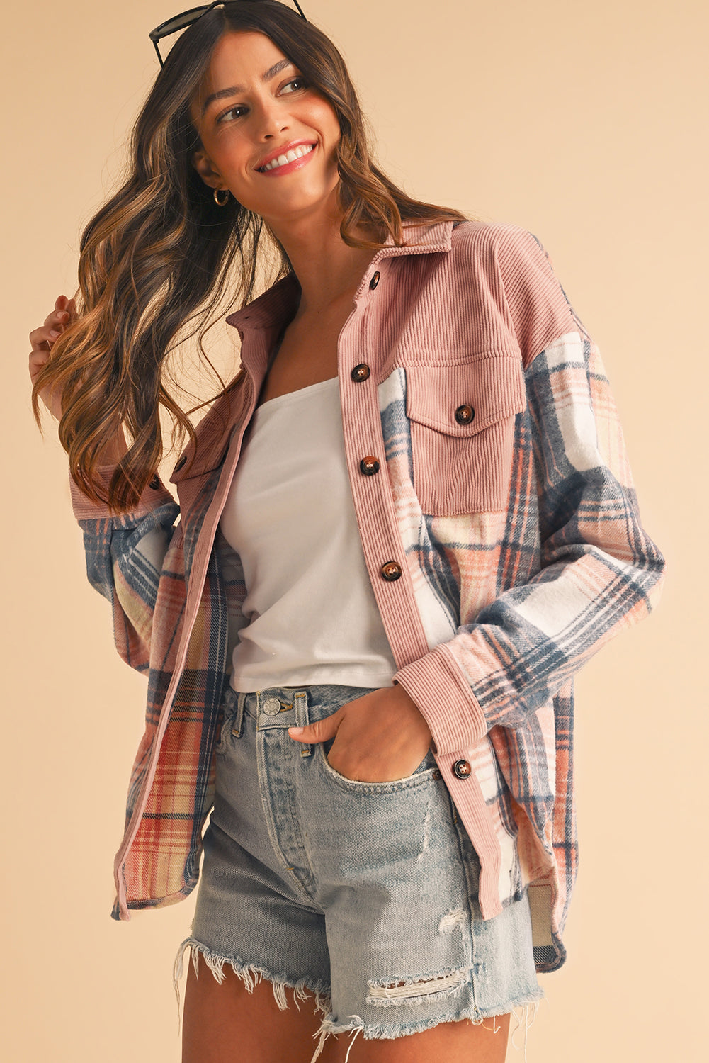 Cinnamon Plaid Corduroy Patchwork Pocket Loose Shacket -DS