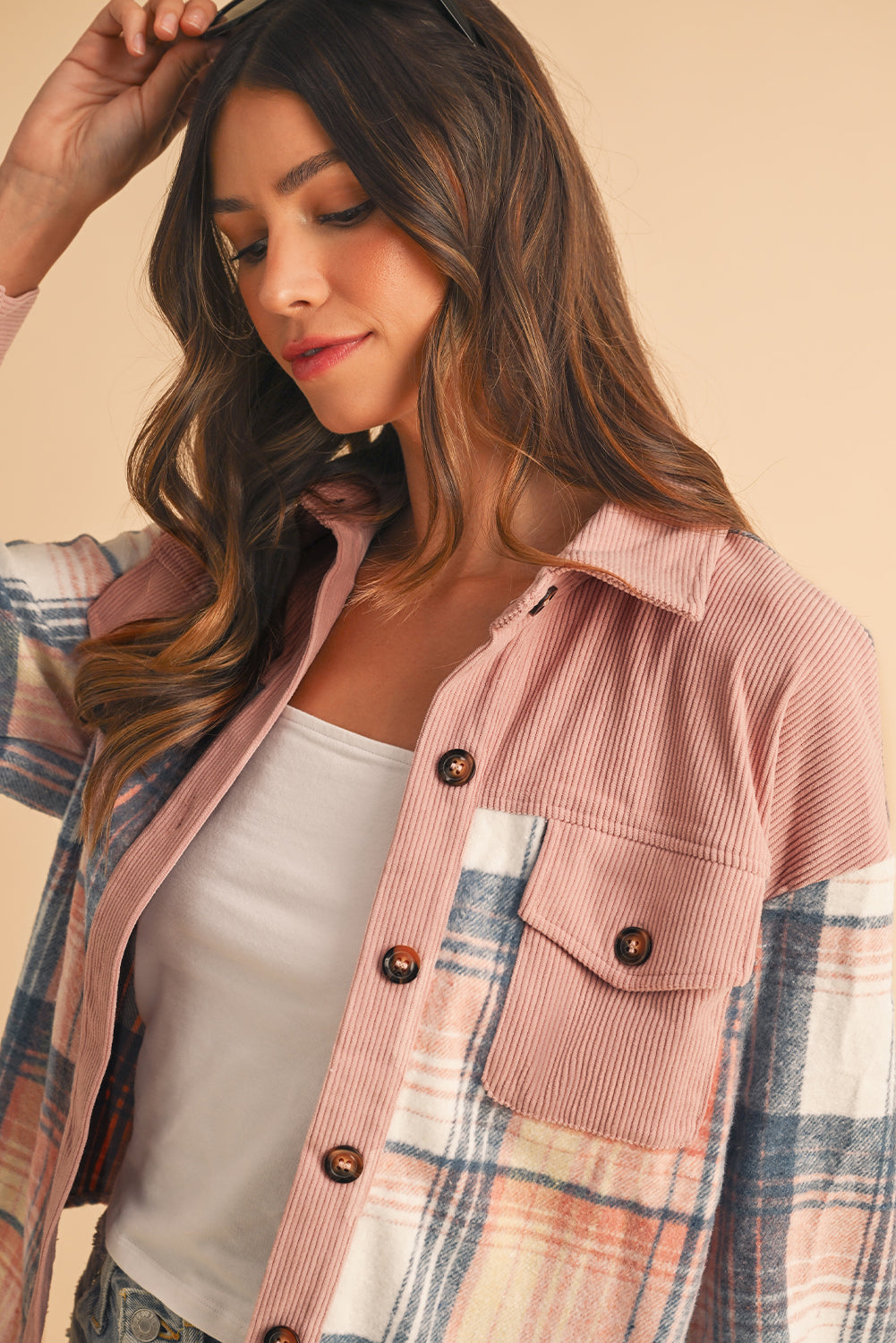 Cinnamon Plaid Corduroy Patchwork Pocket Loose Shacket -DS