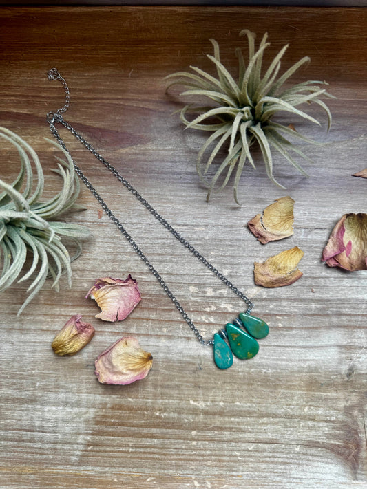 16-Inch Green Turquoise Necklace with Sterling Silver Pearls -DS