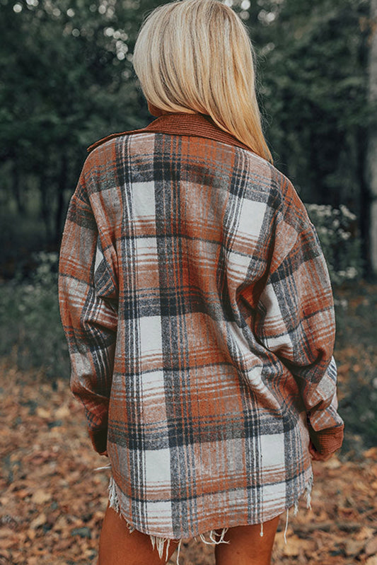 Cinnamon Plaid Corduroy Patchwork Pocket Loose Shacket -DS