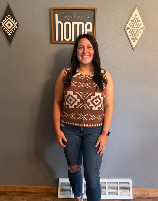 Western Aztec Button Square Neck Sweater Vest