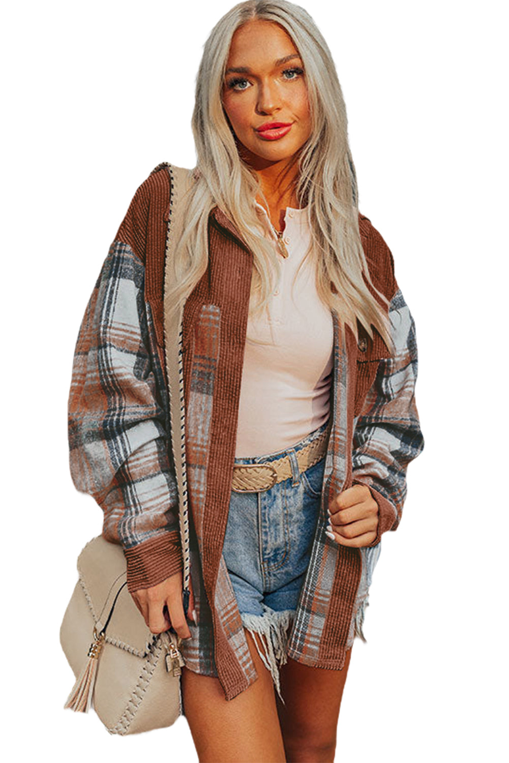 Cinnamon Plaid Corduroy Patchwork Pocket Loose Shacket -DS