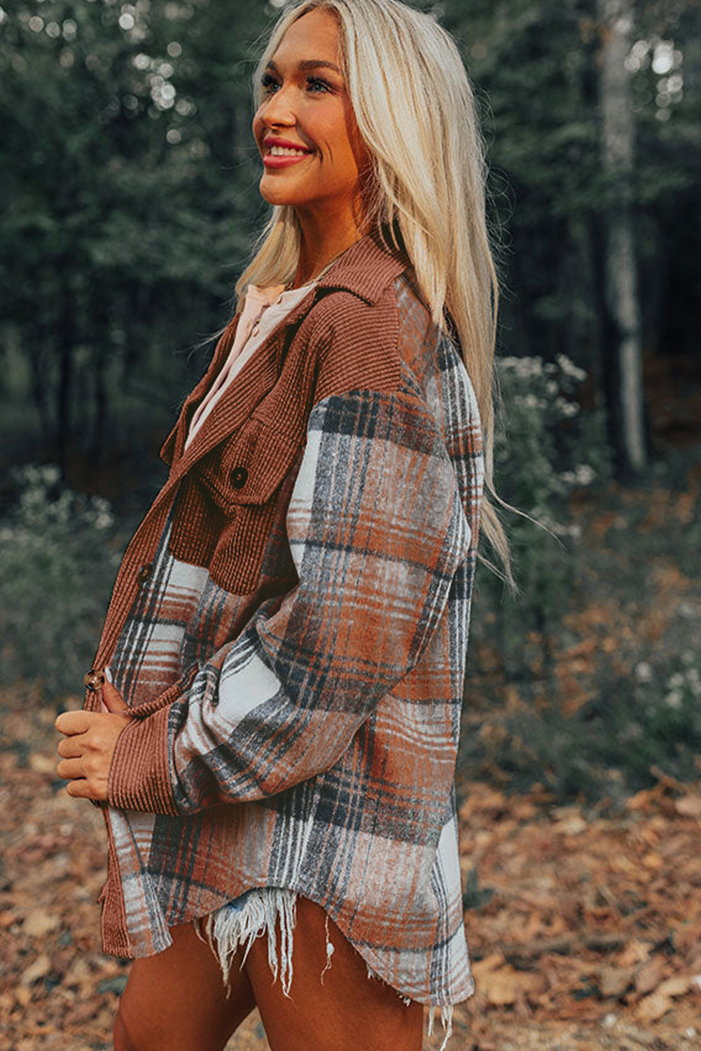 Cinnamon Plaid Corduroy Patchwork Pocket Loose Shacket -DS