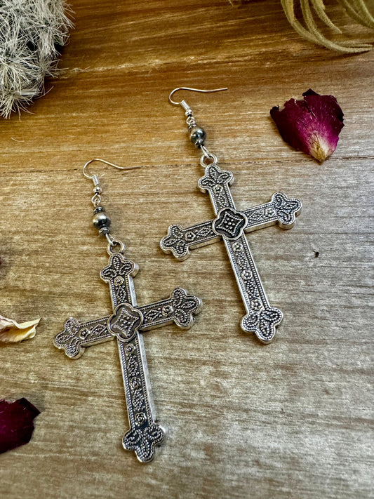 Cross earrings with 6 mm sterling silvers pearls -DS