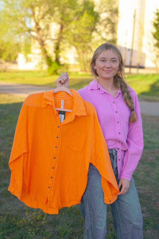 DS- Light Orange - Button Down Linen Top