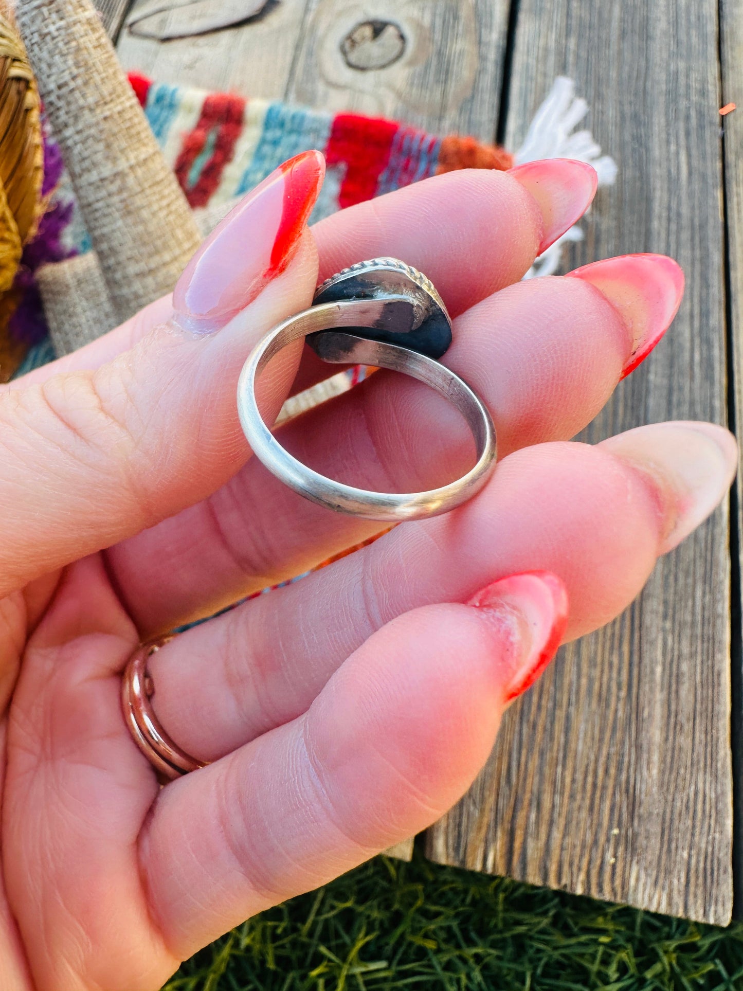 Handcrafted Turquoise & Sterling Silver Heart Adjustable Ring -DS