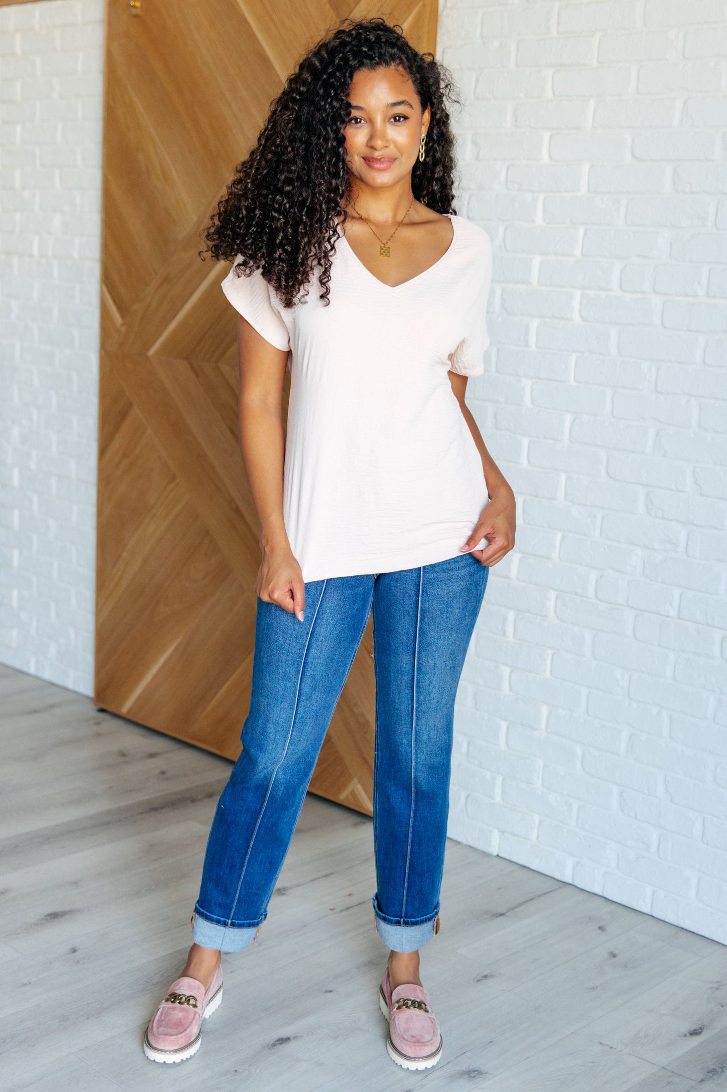 Frequently Asked Questions V-Neck Top in Blush -DS