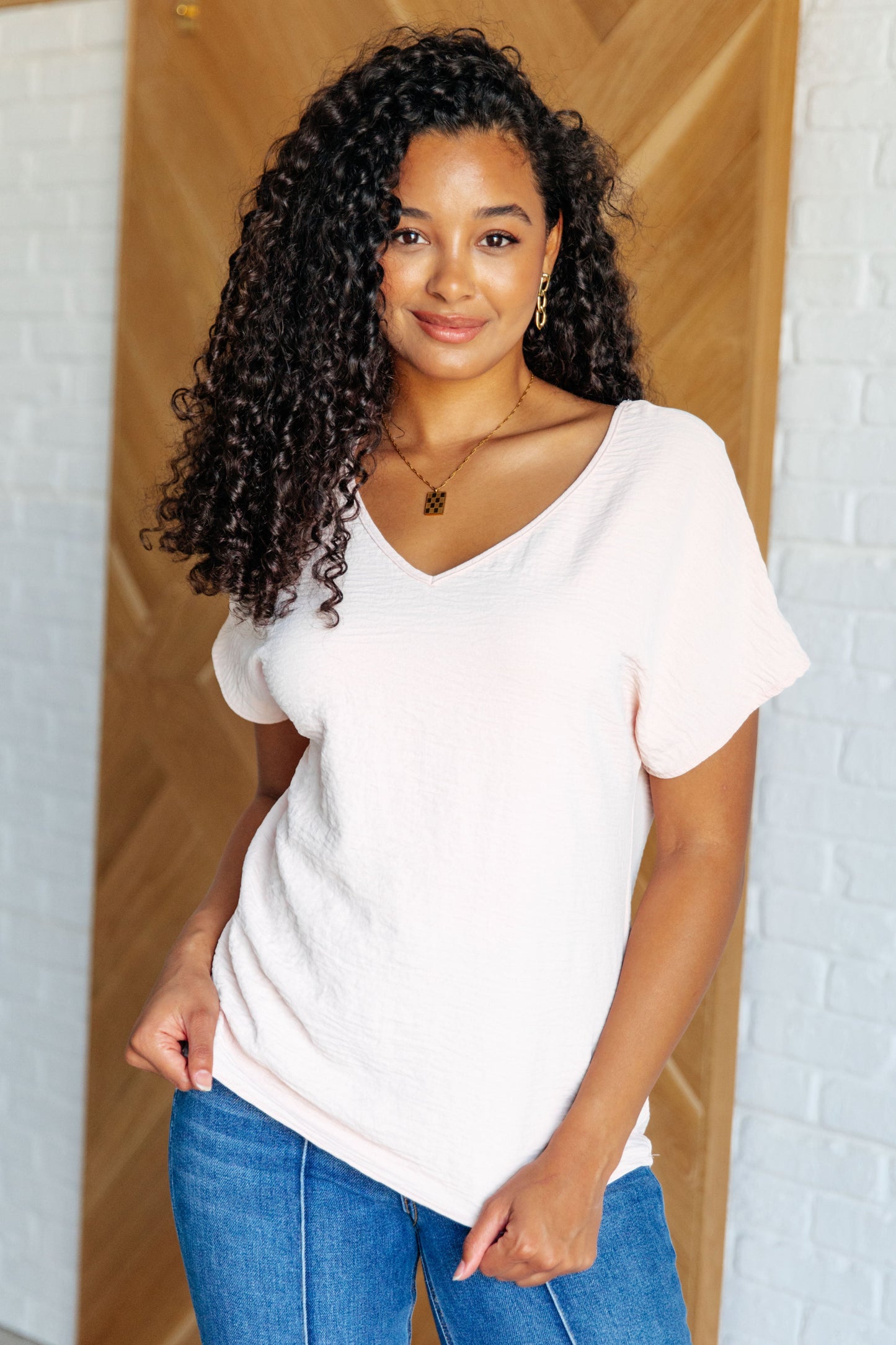 Frequently Asked Questions V-Neck Top in Blush -DS
