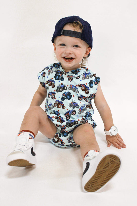 Red, White & Vrooooom Hooded Bamboo Romper -DS