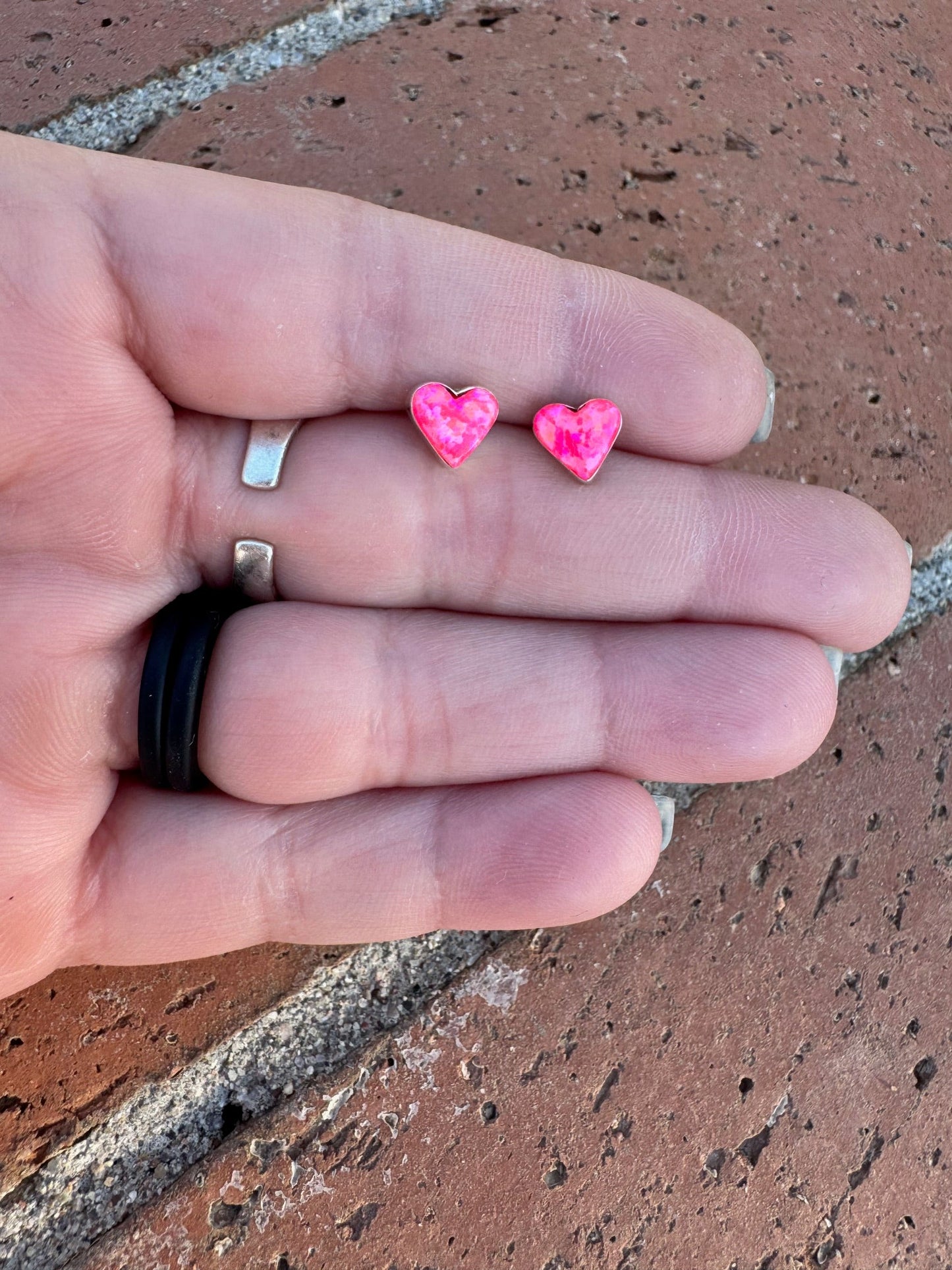 Handcrafted Sterling Silver & Pink Opal Stud Heart Earrings-DS