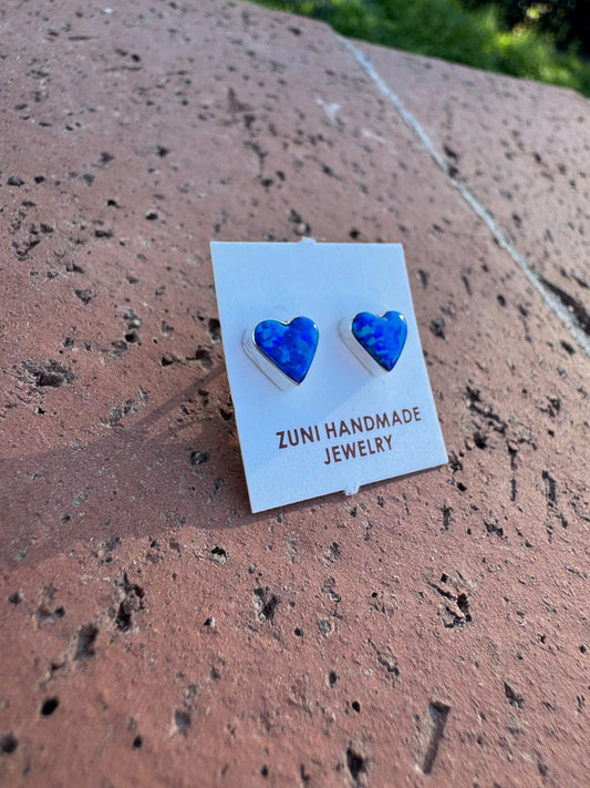Handcrafted Sterling Silver & Blue Opal Stud Heart Earrings -DS