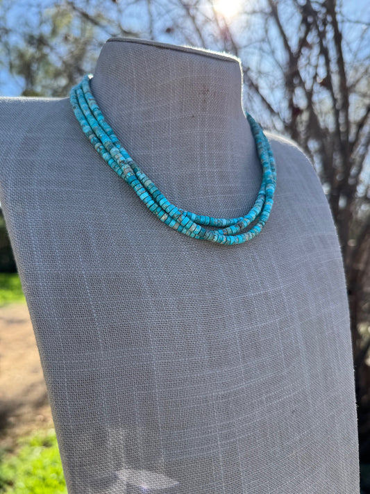 Handcrafted Sterling Silver & Rolled Kingman Turquoise Beaded Necklace 17" -DS