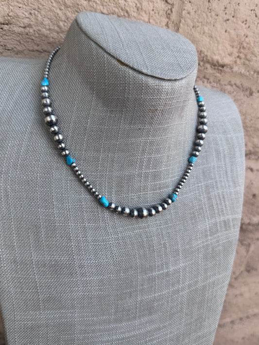 Handcrafted Sterling Silver & Kingman Turquoise 3-8mm Beaded Necklace 16" -DS