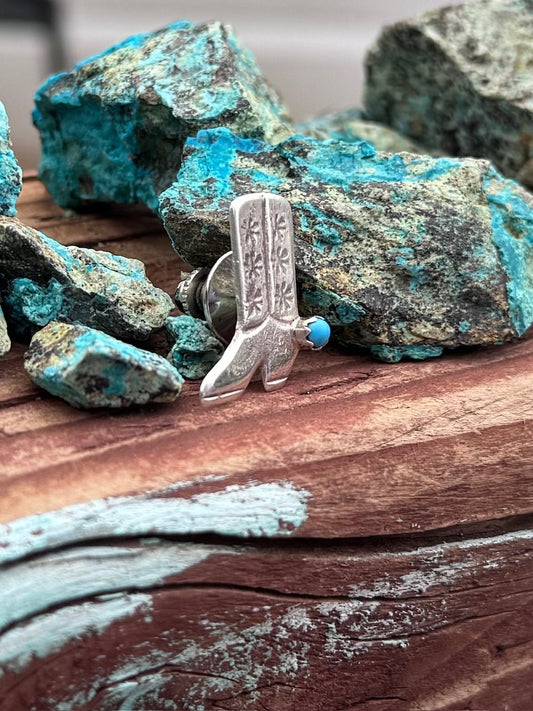 Handcrafted Sterling Silver & Turquoise Cowboy Boot Hat Pin -DS