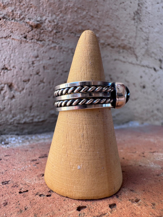 Handcrafted Black Onyx & Sterling Silver Band Ring -DS