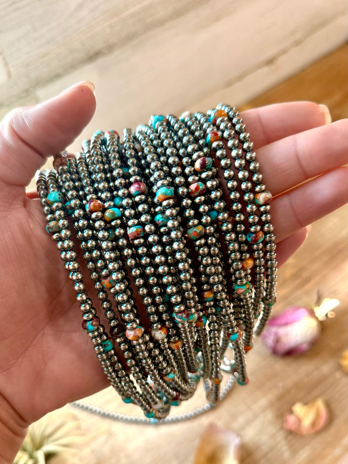 Mohave & Sterling Silver Beaded Necklace – 4 mm Sterling + 6 mm Mohave -DS