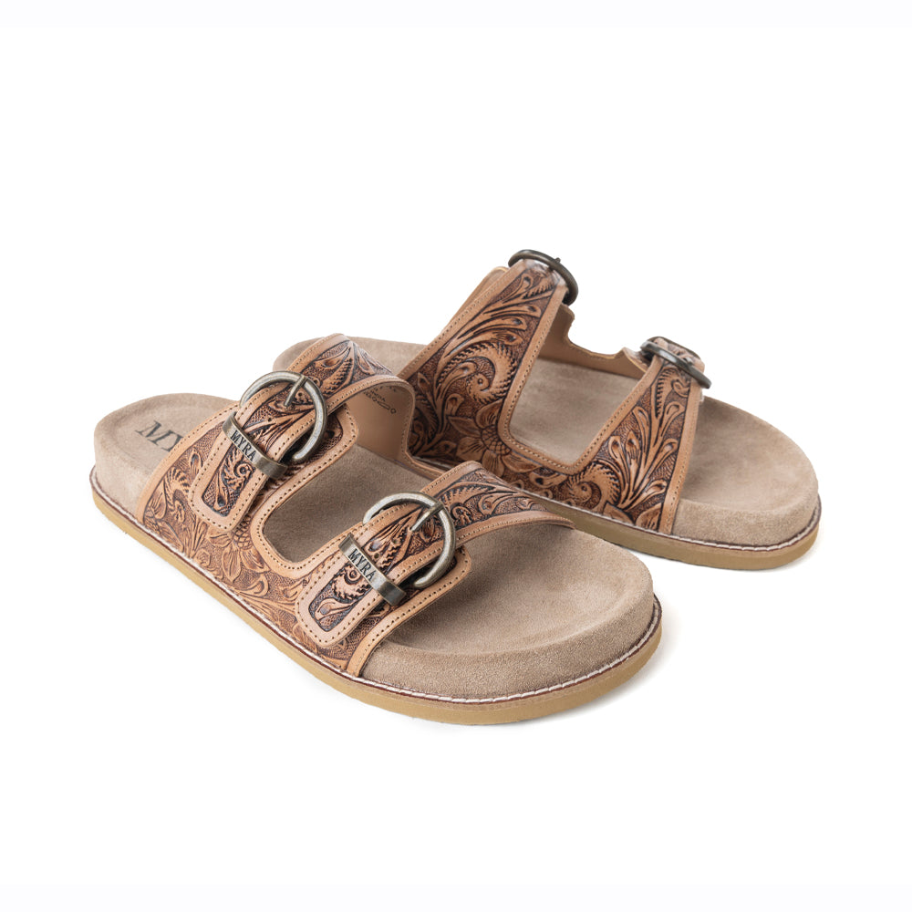 Myra Willow Bloom Handtooled Leather Sandals in Ashen Brown -DS
