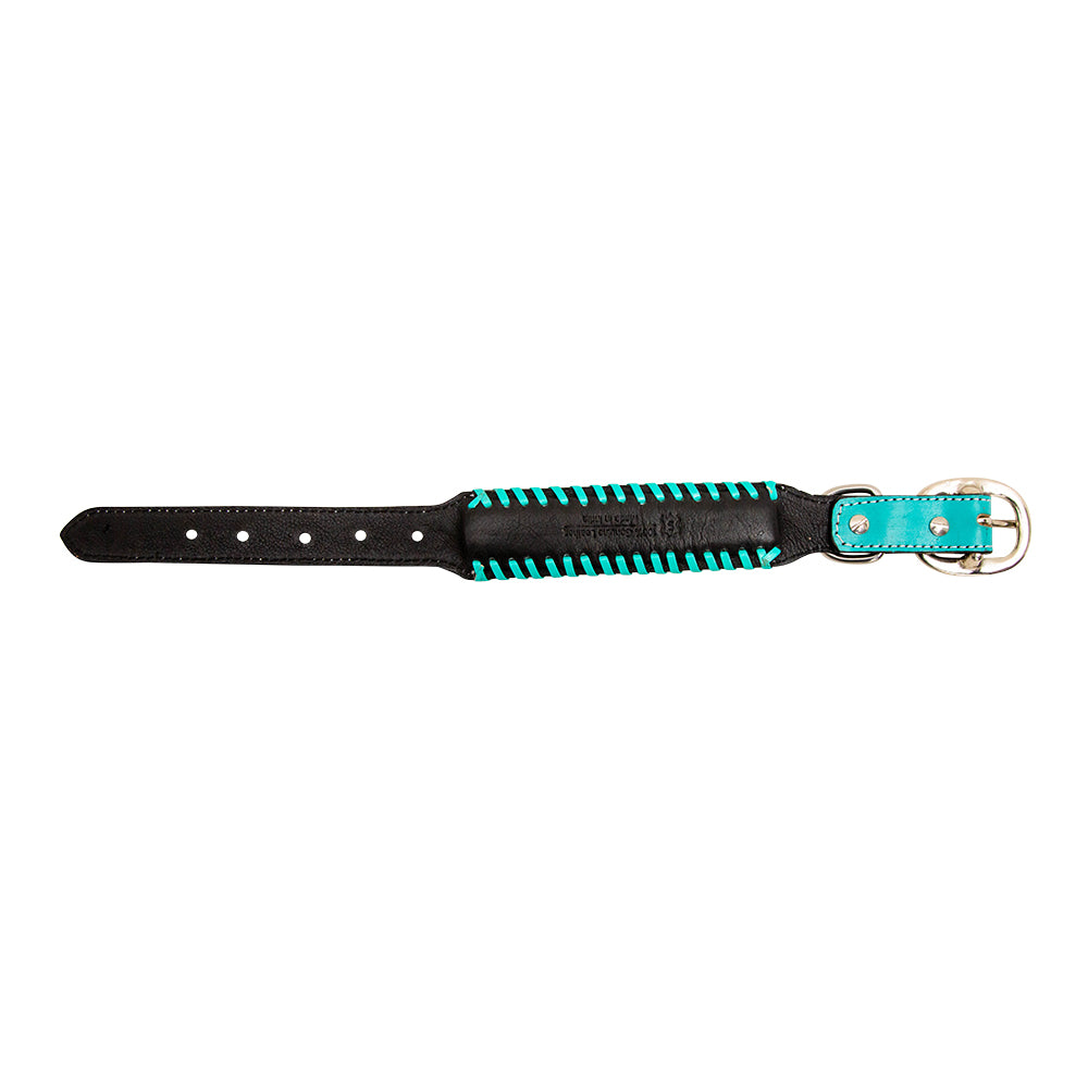 Myra Acety Dog Collar in aqua with handtooled leather in western style/ Myra Acety Dog Collar in brown -DS