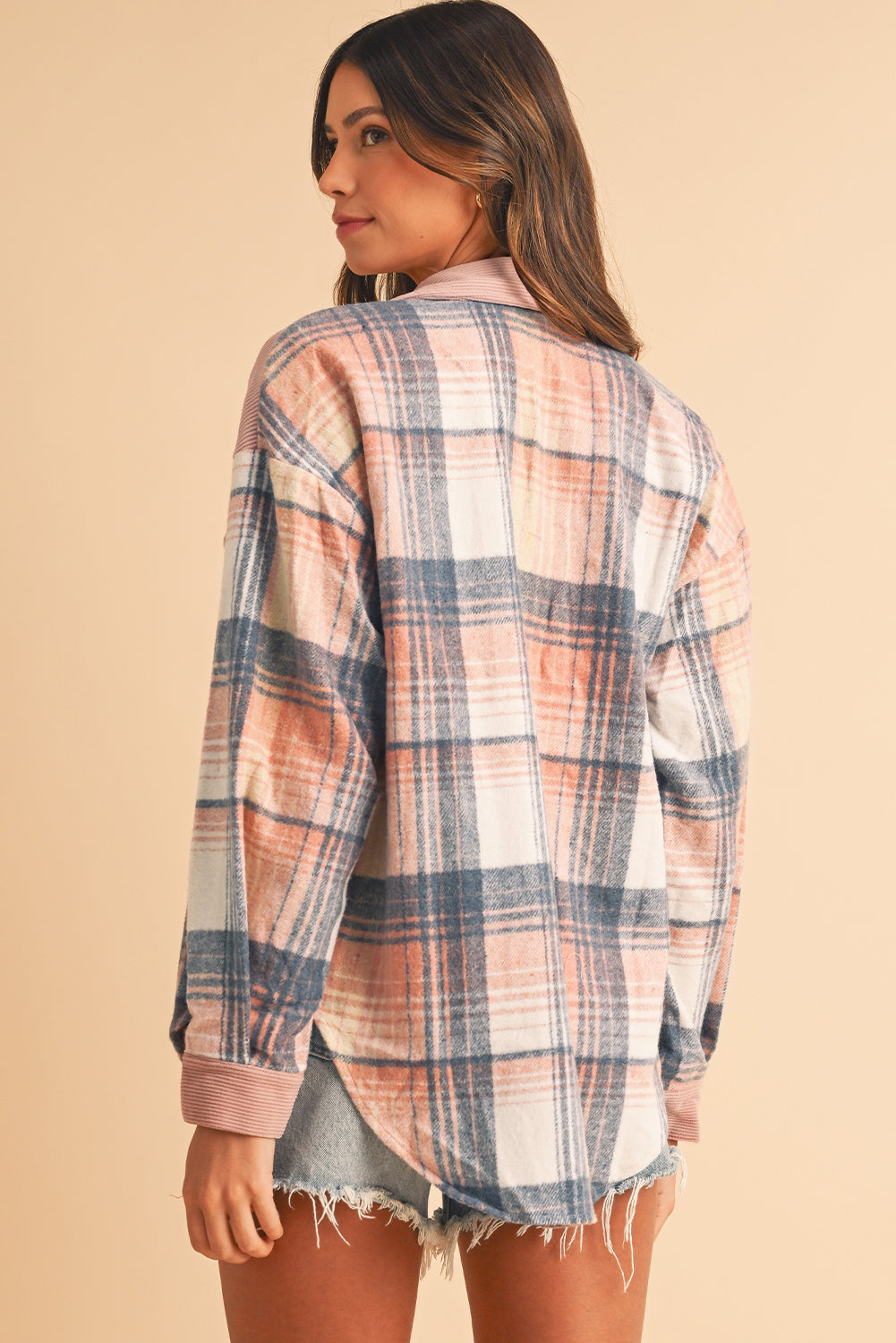 Cinnamon Plaid Corduroy Patchwork Pocket Loose Shacket -DS
