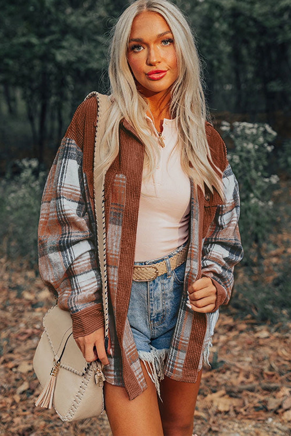 Cinnamon Plaid Corduroy Patchwork Pocket Loose Shacket -DS