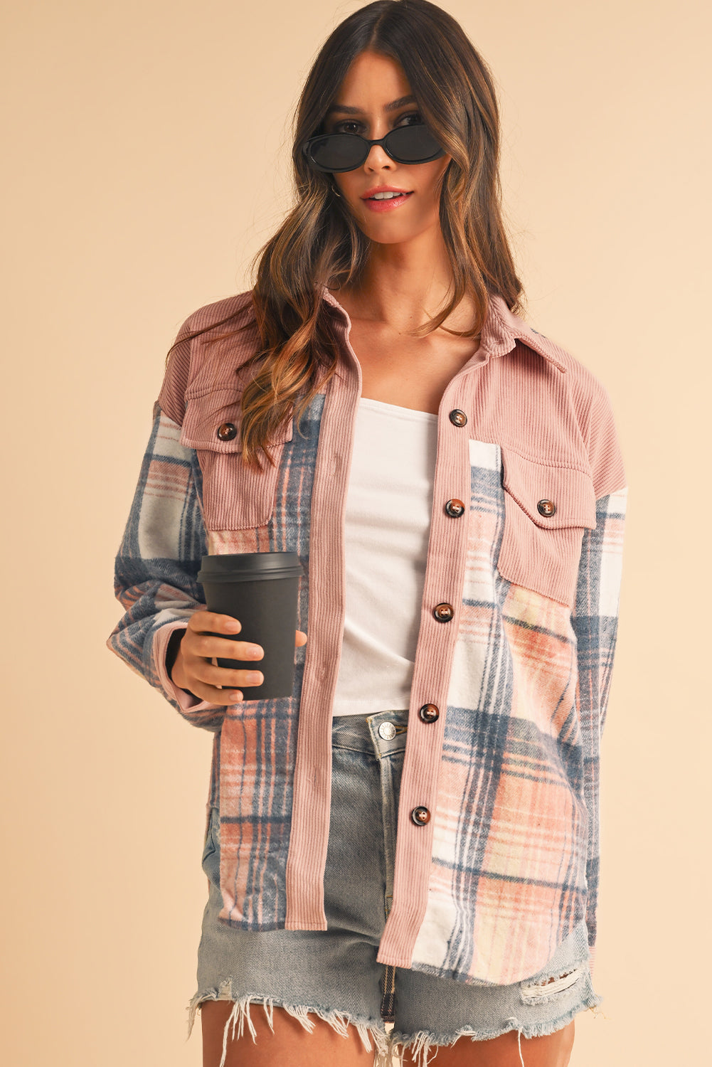 Cinnamon Plaid Corduroy Patchwork Pocket Loose Shacket -DS