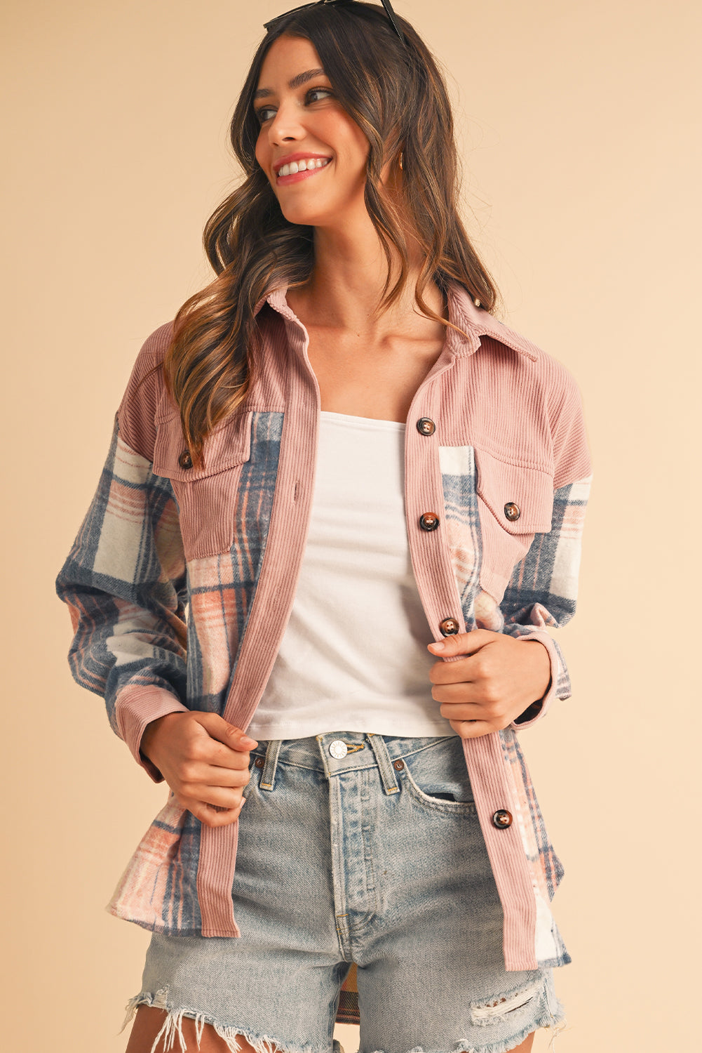 Cinnamon Plaid Corduroy Patchwork Pocket Loose Shacket -DS