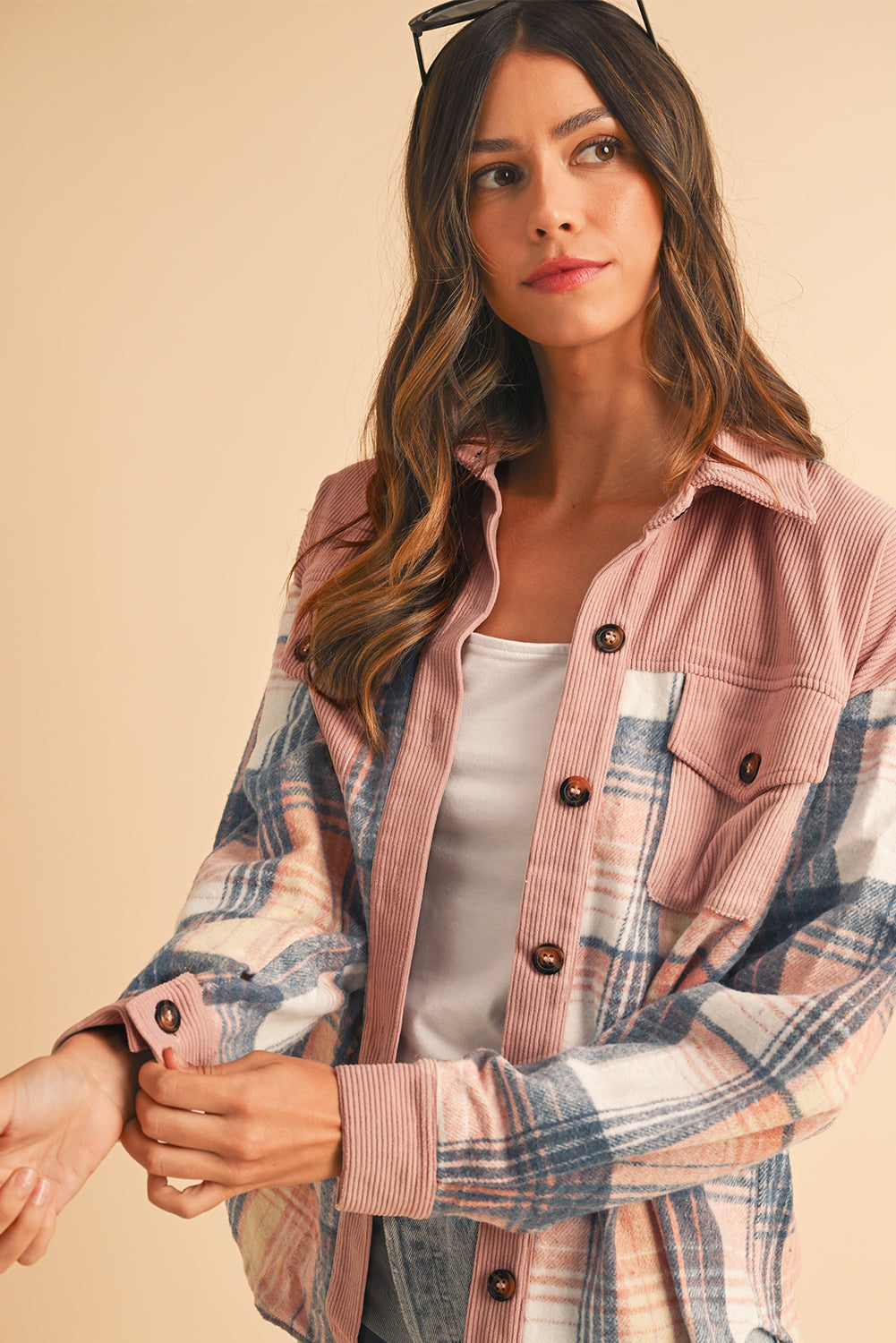 Cinnamon Plaid Corduroy Patchwork Pocket Loose Shacket -DS