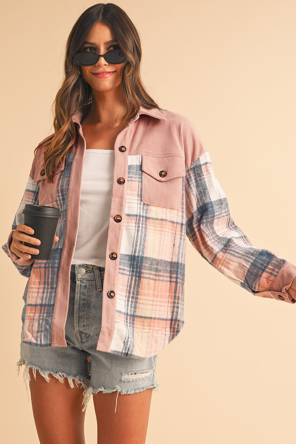 Cinnamon Plaid Corduroy Patchwork Pocket Loose Shacket -DS