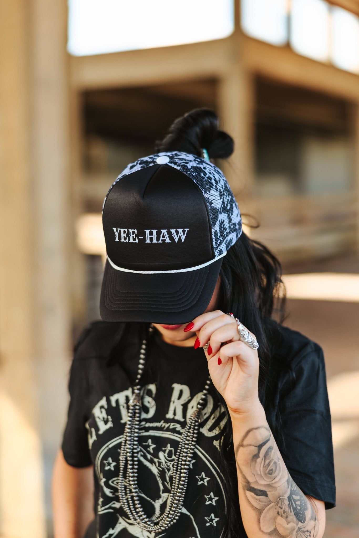Yee Haw Black Cow Mesh Trucker Hat -DS