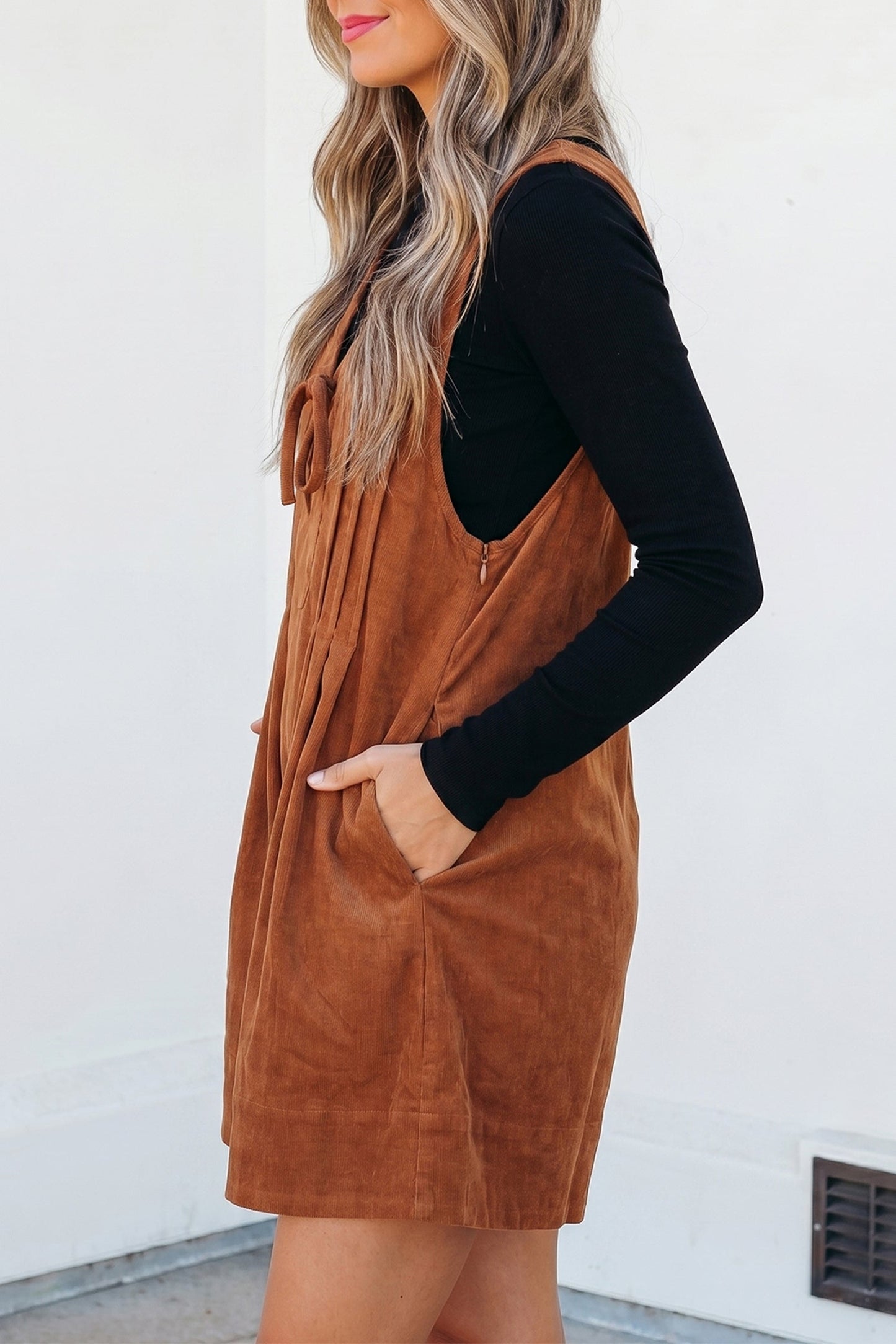 Solid Tie V-Neck Sleeveless Corduroy Romper -DS