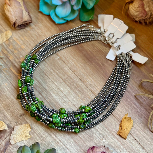 Green Nugget Turquoise & Sterling Silver Pearl Necklace -DS