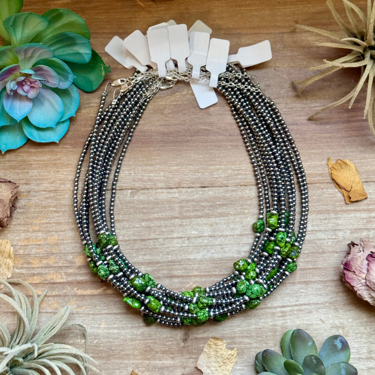 Green Nugget Turquoise & Sterling Silver Pearl Necklace -DS