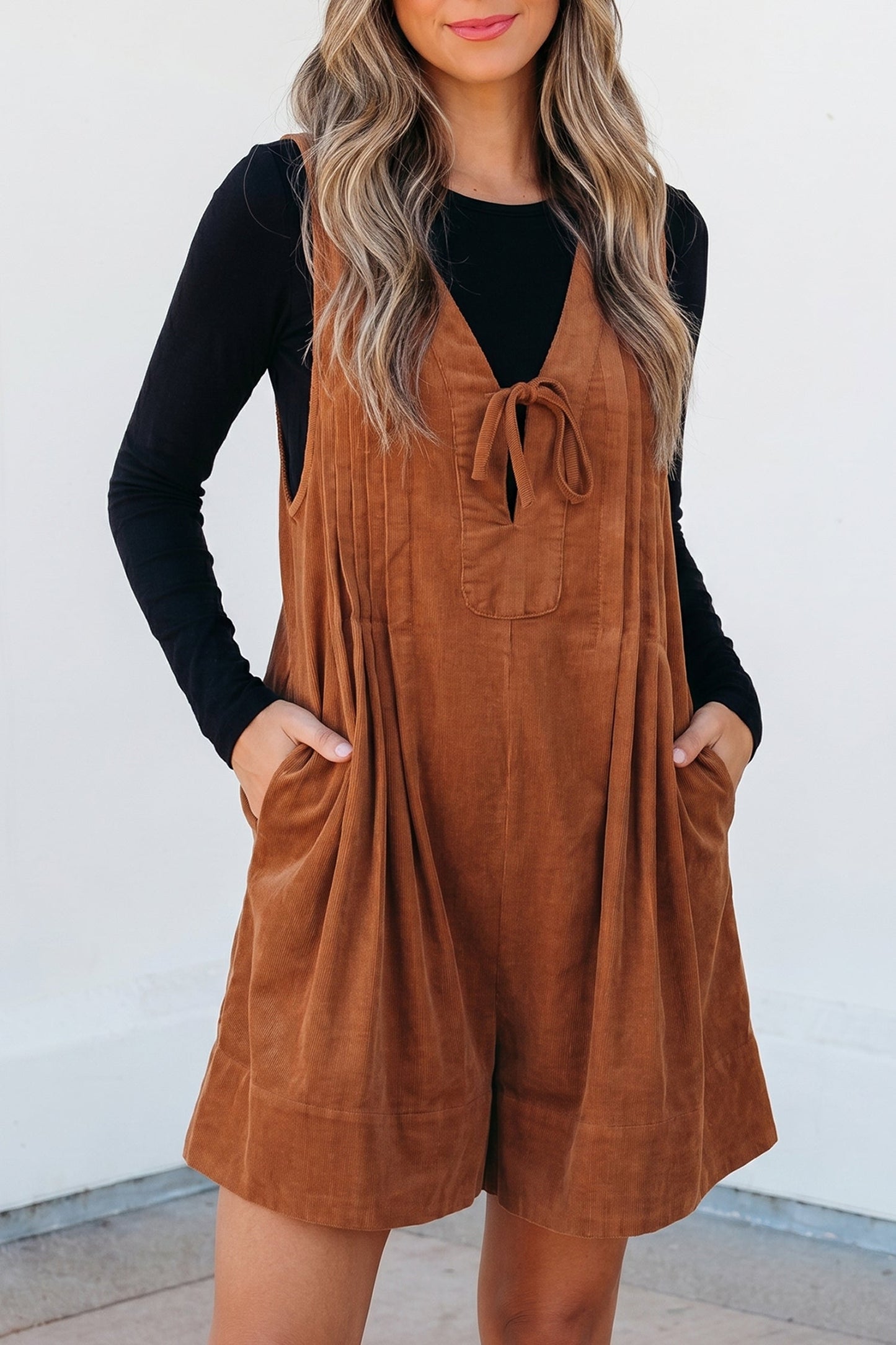 Solid Tie V-Neck Sleeveless Corduroy Romper -DS