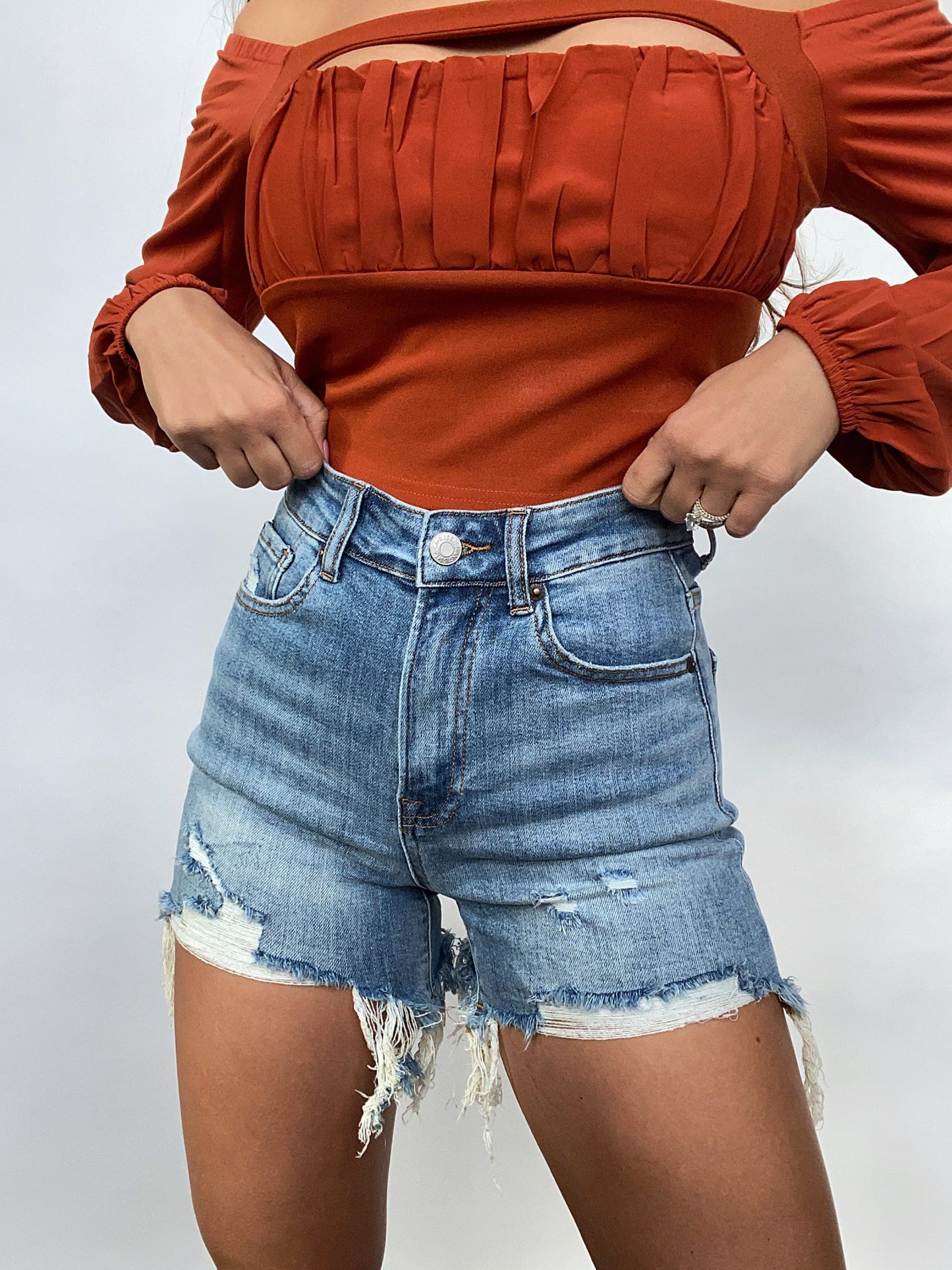 On The Go Distressed Shorts- Medium Wash -DS