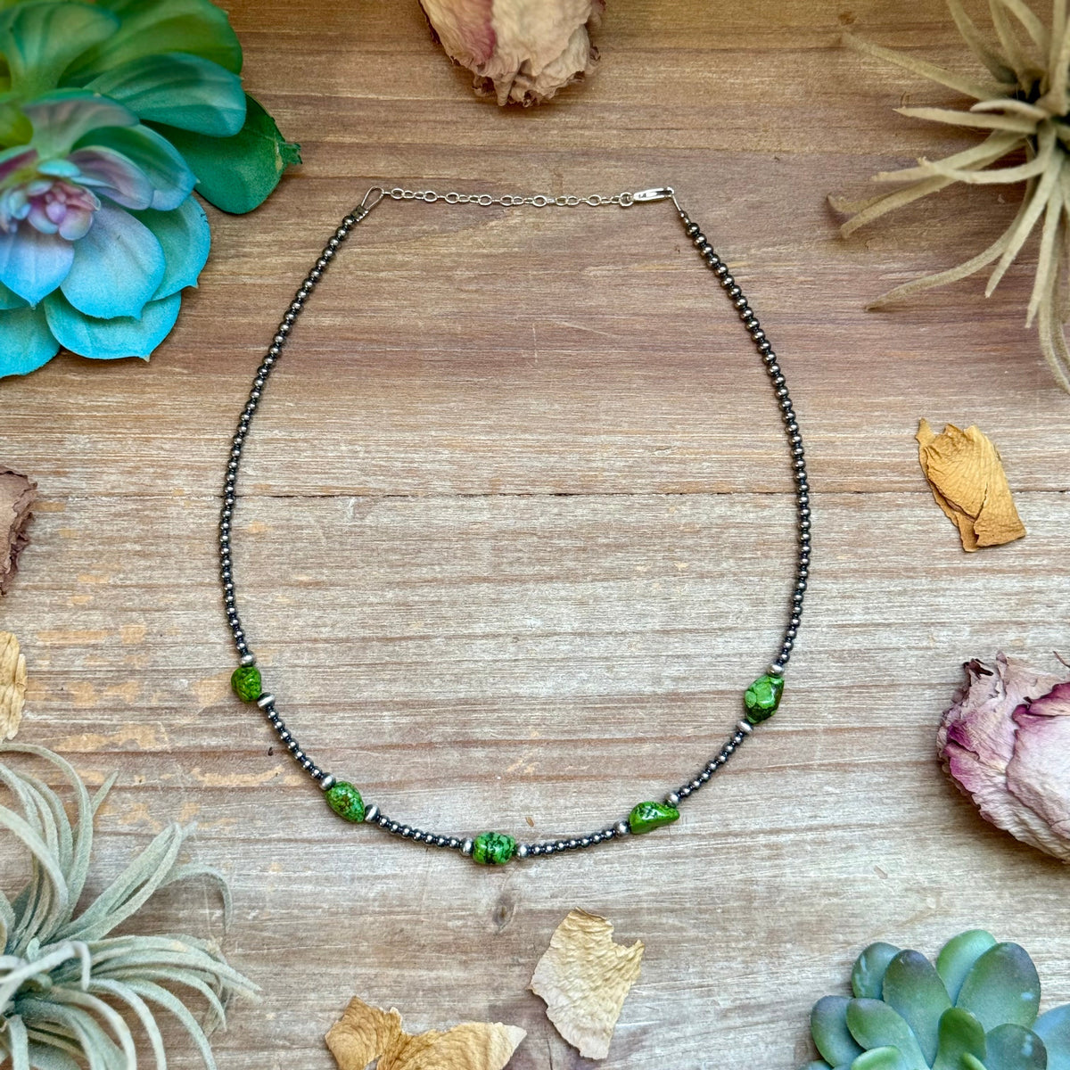 Green Nugget Turquoise & Sterling Silver Pearl Necklace -DS