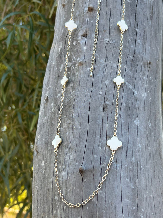 14k Gold Plated White Clover Cross Necklace -DS