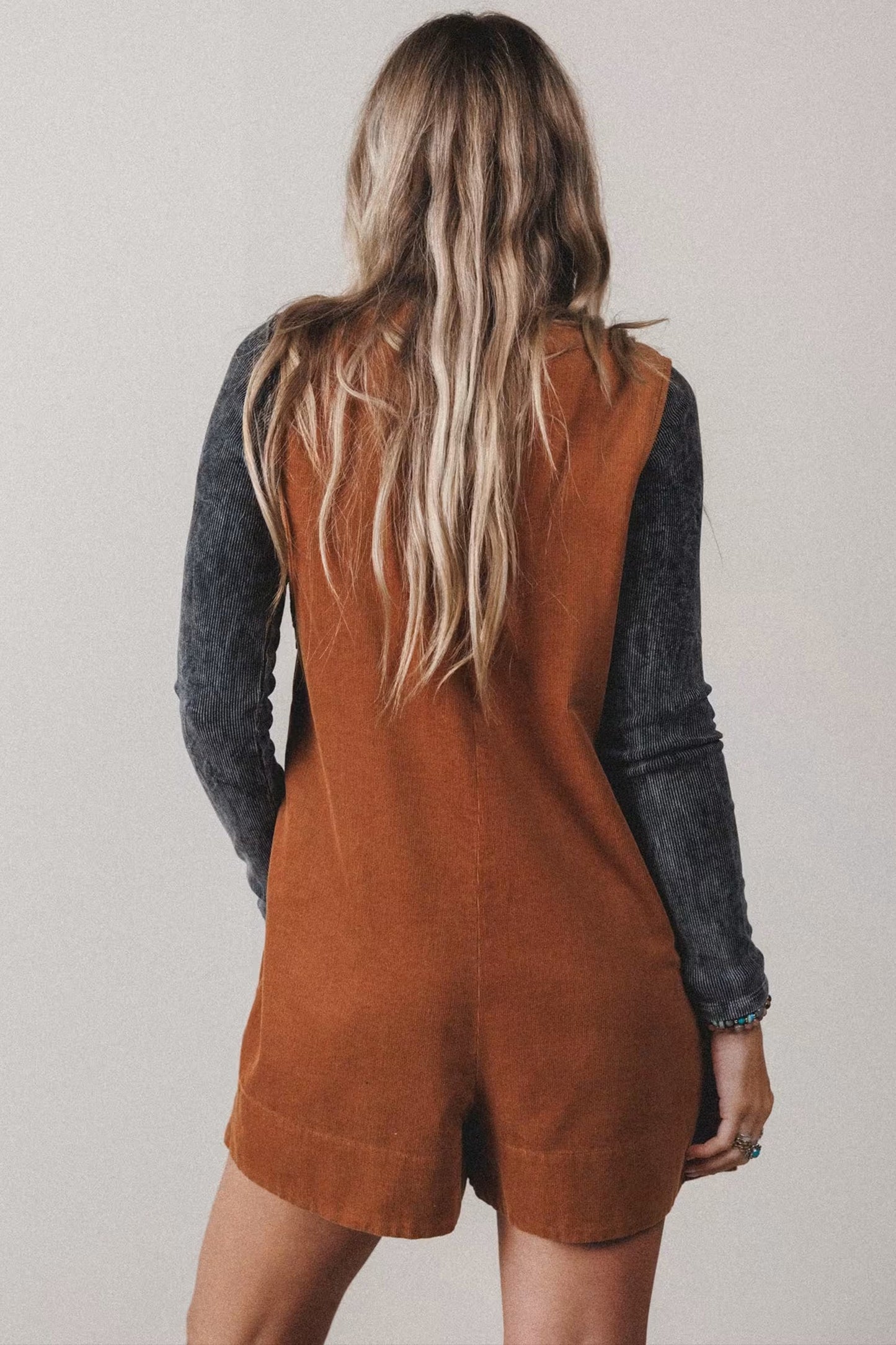 Solid Tie V-Neck Sleeveless Corduroy Romper -DS