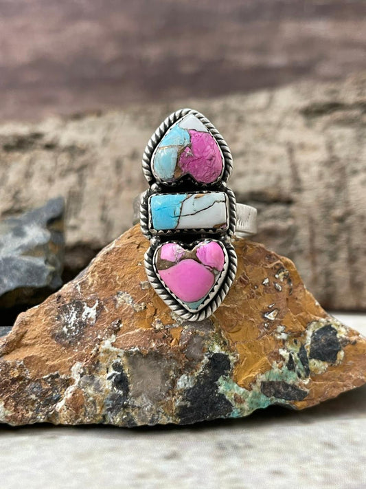 "Heart Collection" Handmade Sterling Silver Cotton Candy Adjustable Ring "Signed Nizhoni" -DS