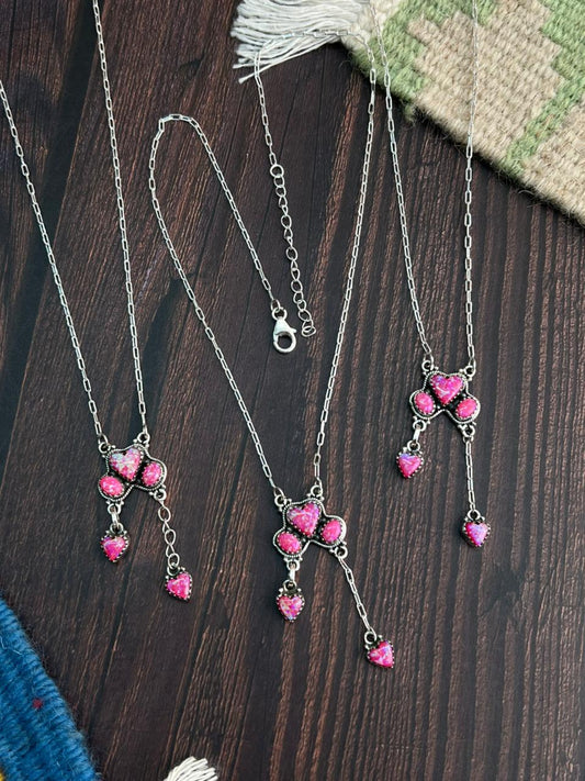 "Heart Collection" Handmade Sterling Silver Hot Pink Necklace "Signed Nizhoni"-DS