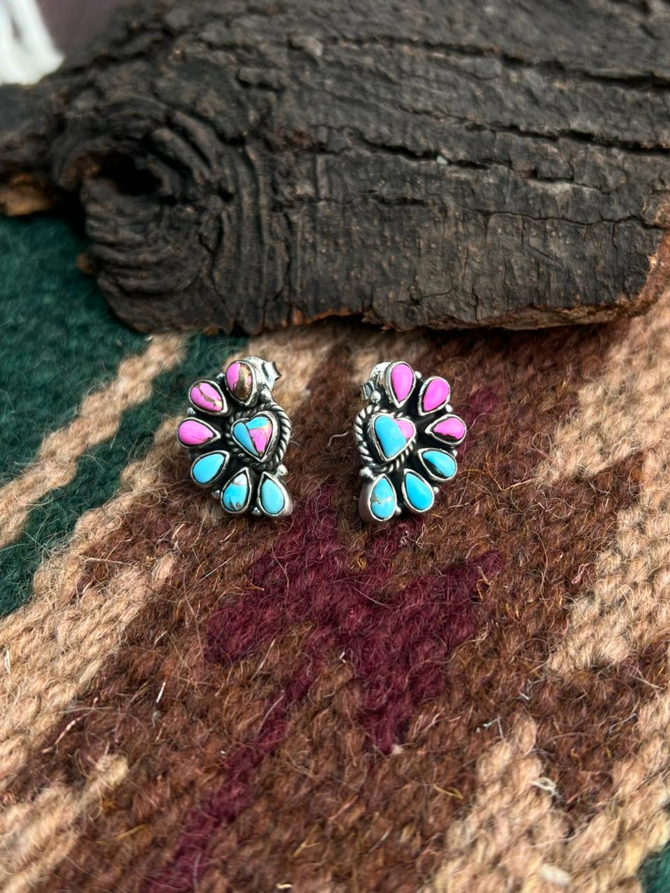 "Heart Collection" Handmade Sterling Silver Cotton Candy Post Studs Earrings "Signed Nizhoni"-DS