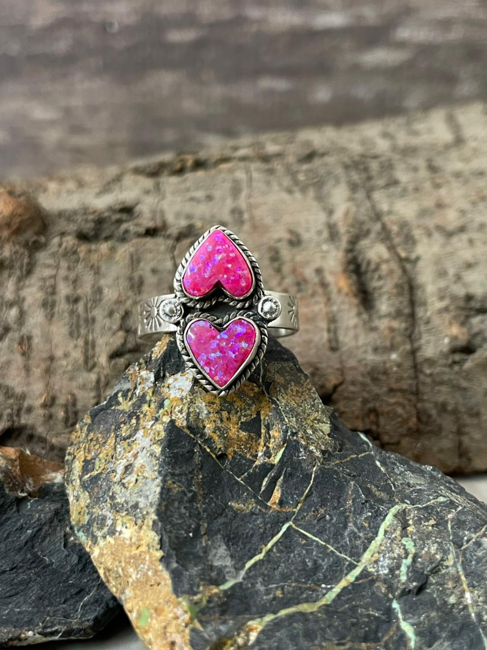 "Heart Collection" Handmade Sterling Silver Hot Pink Adjustable Ring "Signed Nizhoni" -DS