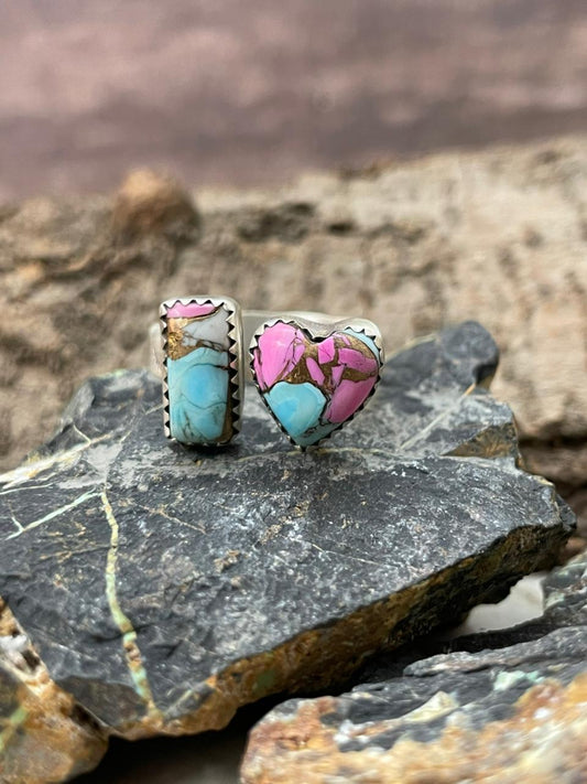 "Heart Collection" Handmade Sterling Silver Cotton Candy Adjustable Ring "Signed Nizhoni"-DS