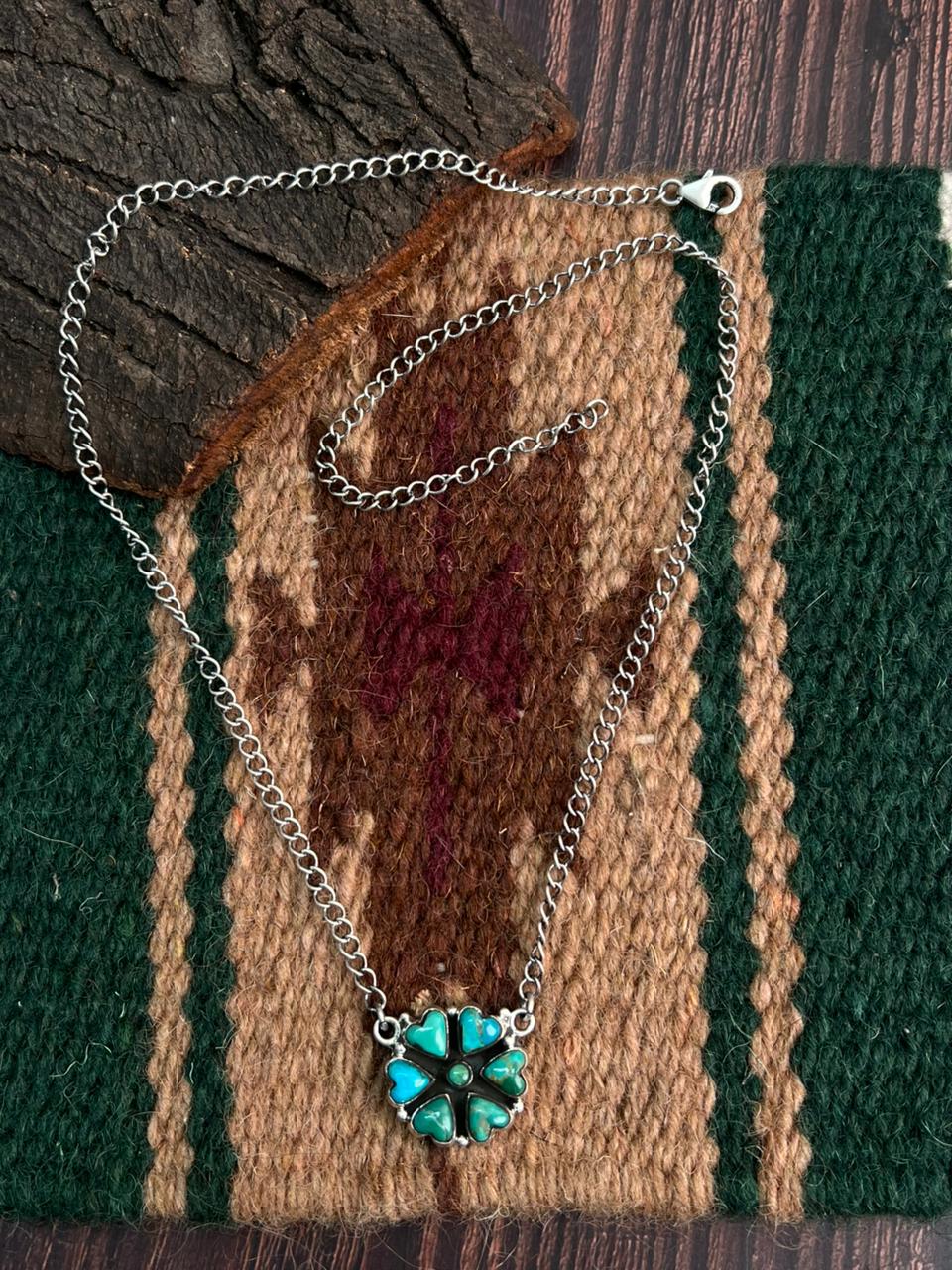 "Heart Collection" Handmade Sterling Silver Kingman Turquoise Heart Necklace "Signed Nizhoni" -DS