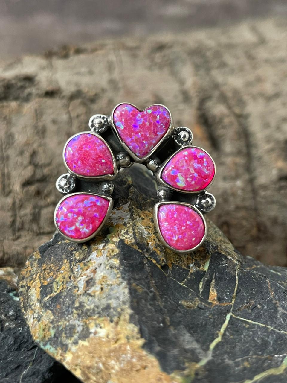 "Heart Collection" Handmade Sterling Silver Hot Pink Adjustable Ring "Signed Nizhoni" -DS