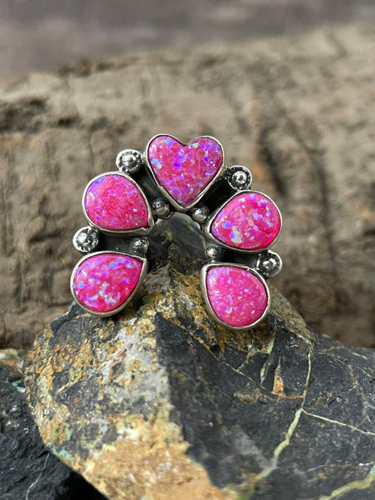 "Heart Collection" Handmade Sterling Silver Hot Pink Adjustable Ring "Signed Nizhoni" -DS